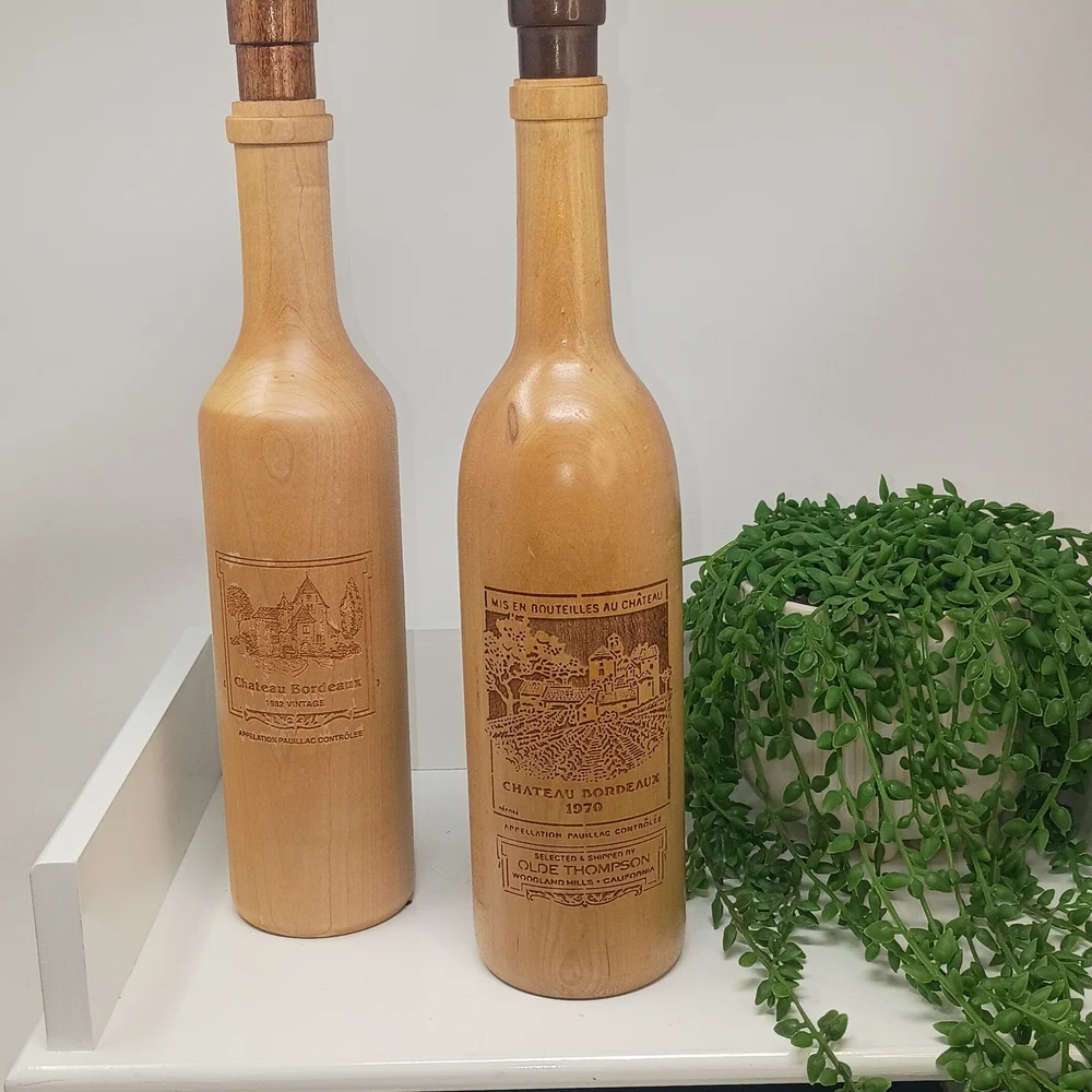 Vintage Chateau Bordeaux 1970 Wooden Wine Bottle Salt & Pepper Mill Set of 2 Eng
